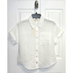 Monteau Los Angeles Womens Short Cuff Sleeve Pocket Button Up Blouse White Small